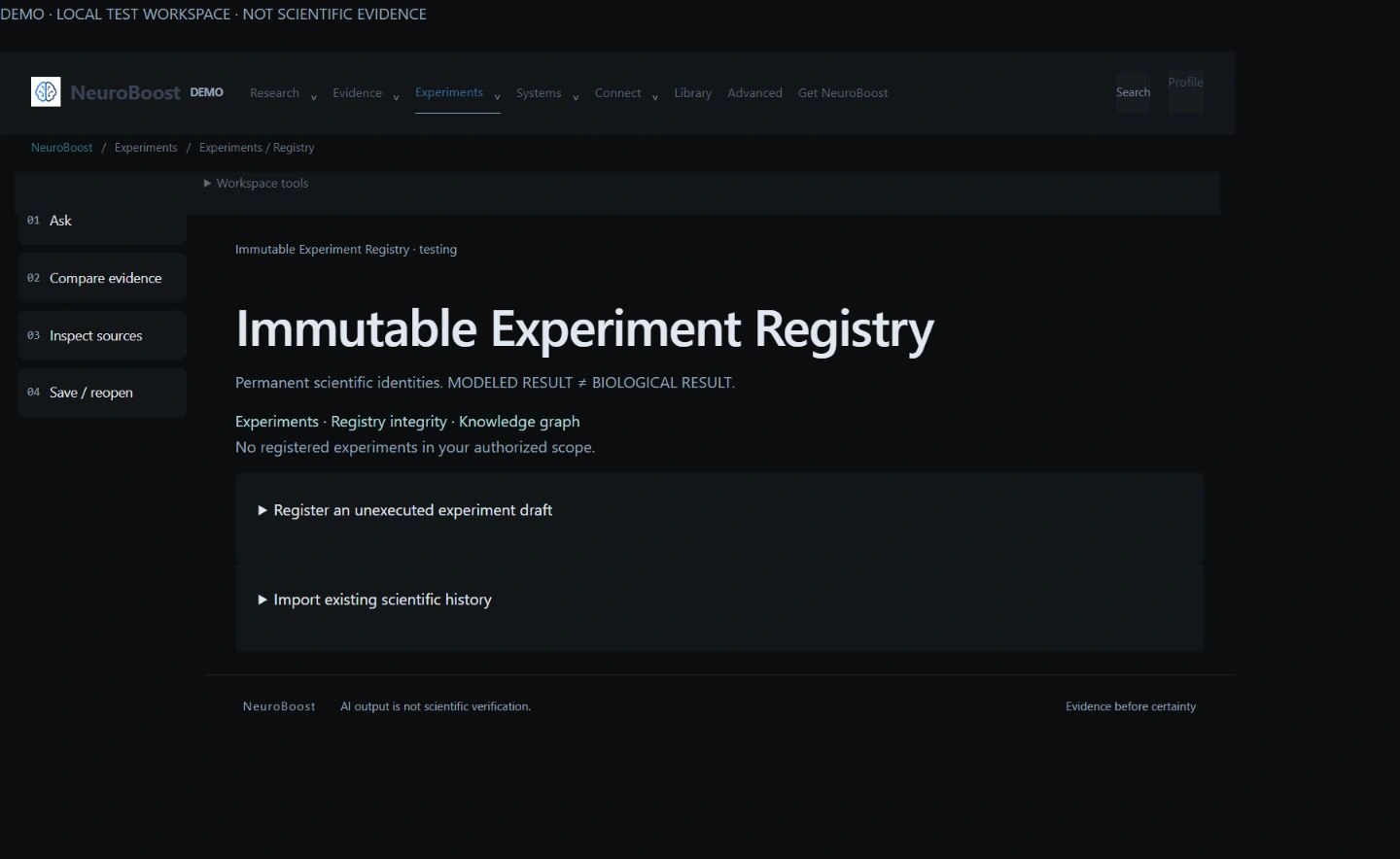 Actual Experiments interface; local demonstration