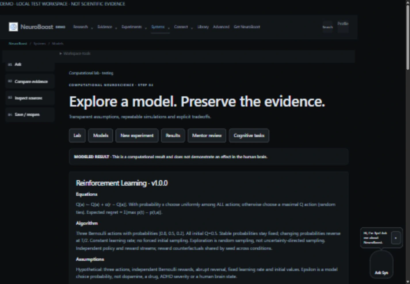 Actual Models & Worlds interface; local demonstration