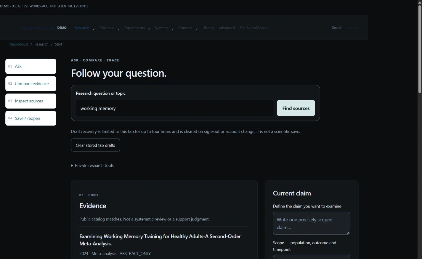 Actual NeuroBoost Research interface, with an unsaved local demonstration