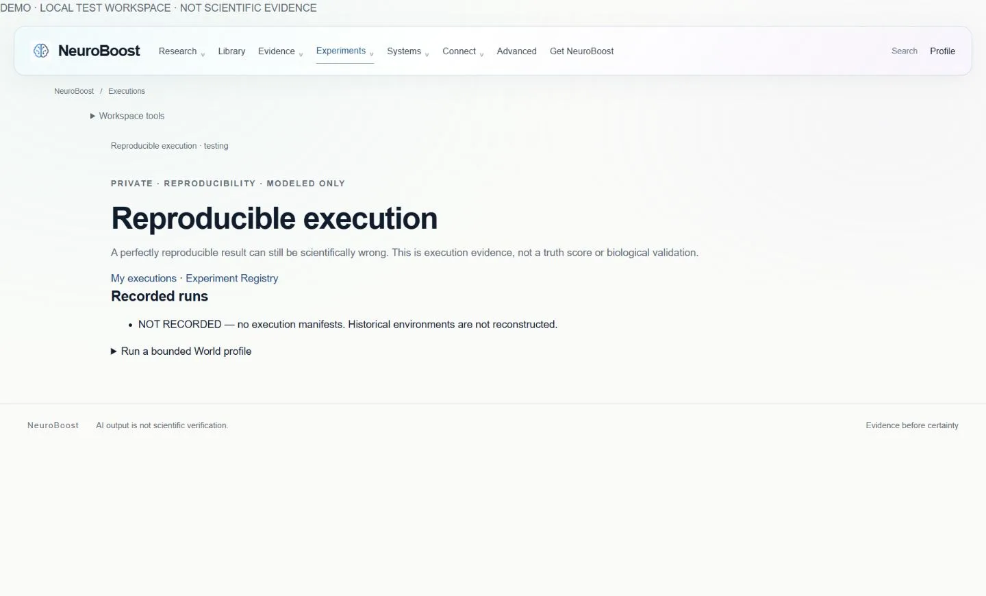 Actual Reproducibility interface; local demonstration