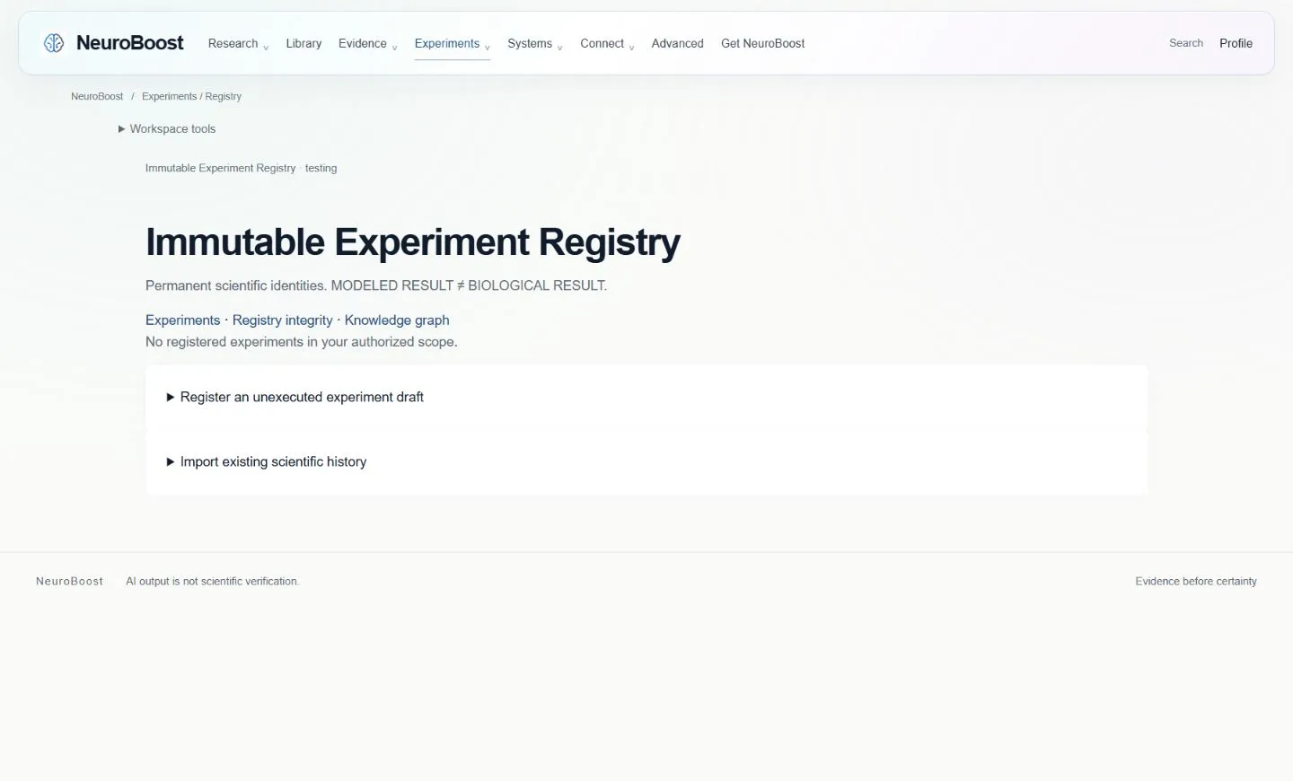 Actual Experiments interface; local demonstration