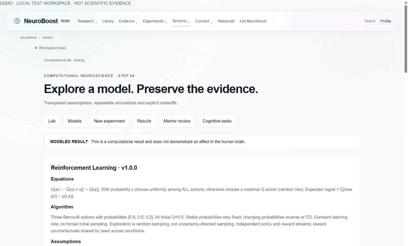 Actual Models & Worlds interface; local demonstration